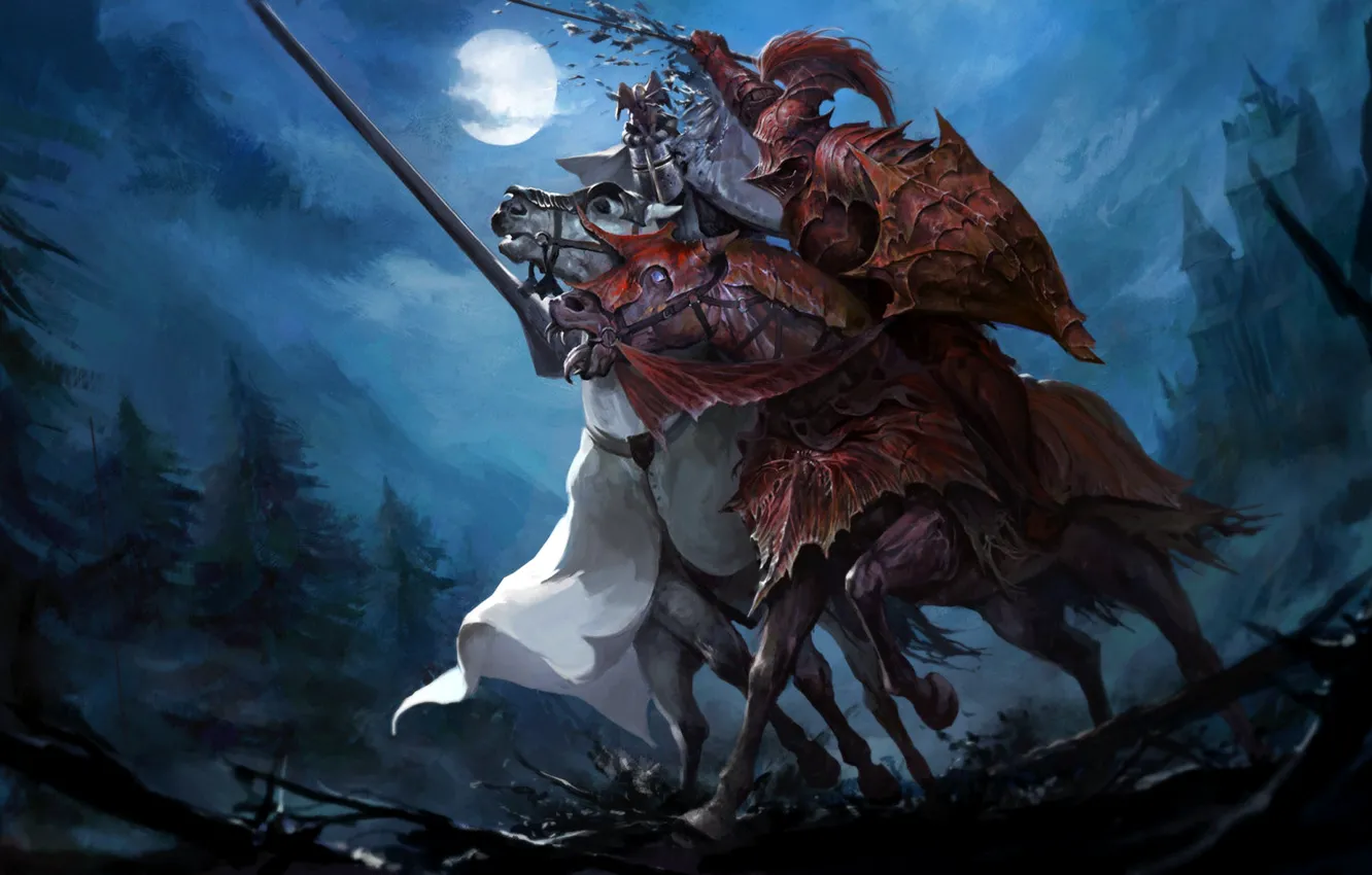 Фото обои moon, fantasy, forest, armor, trees, night, horses, battle, castle, weapons, artwork, shield, swords, fantasy art, …