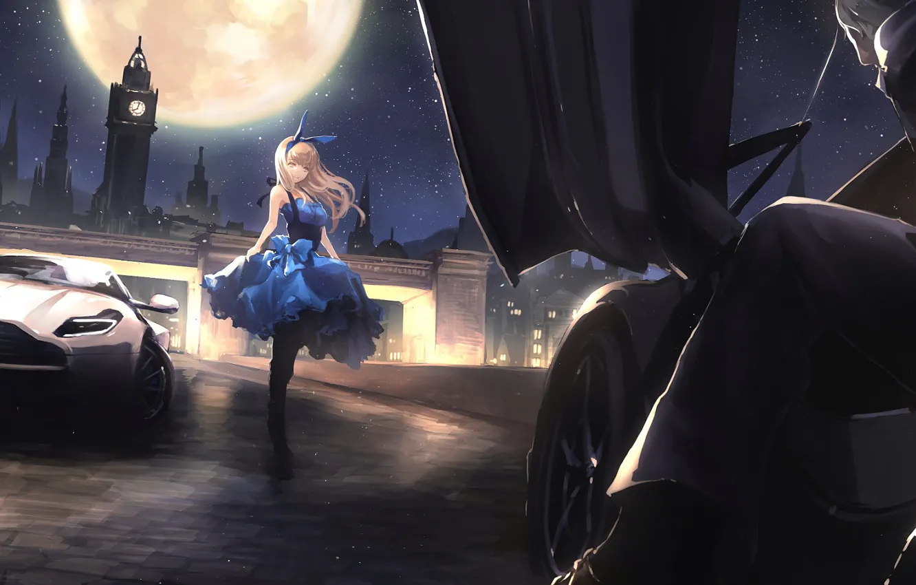 Фото обои девушка, ночь, город, луна, аниме