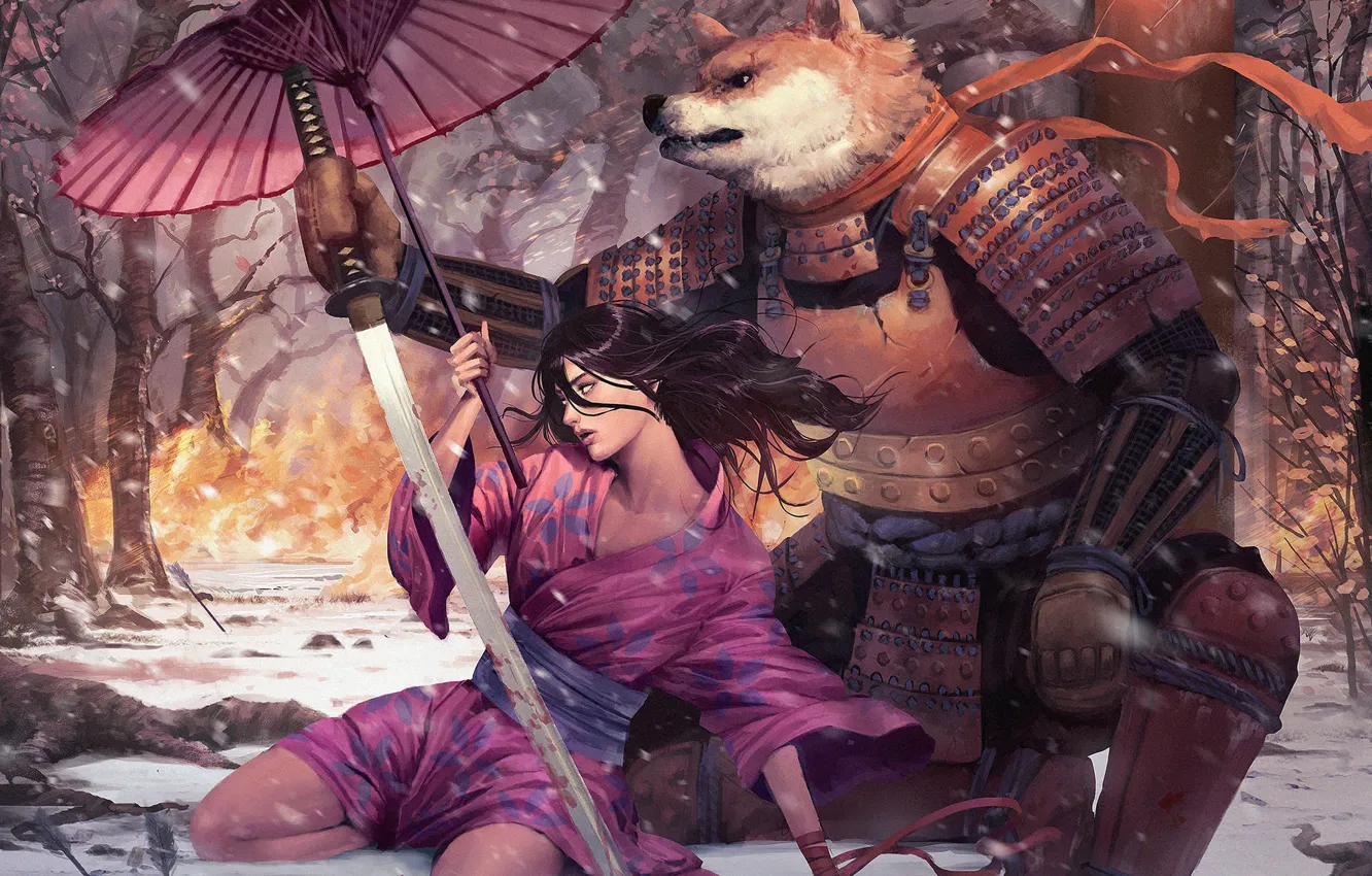 Фото обои девушка, меч, зонт, солдат, зверь