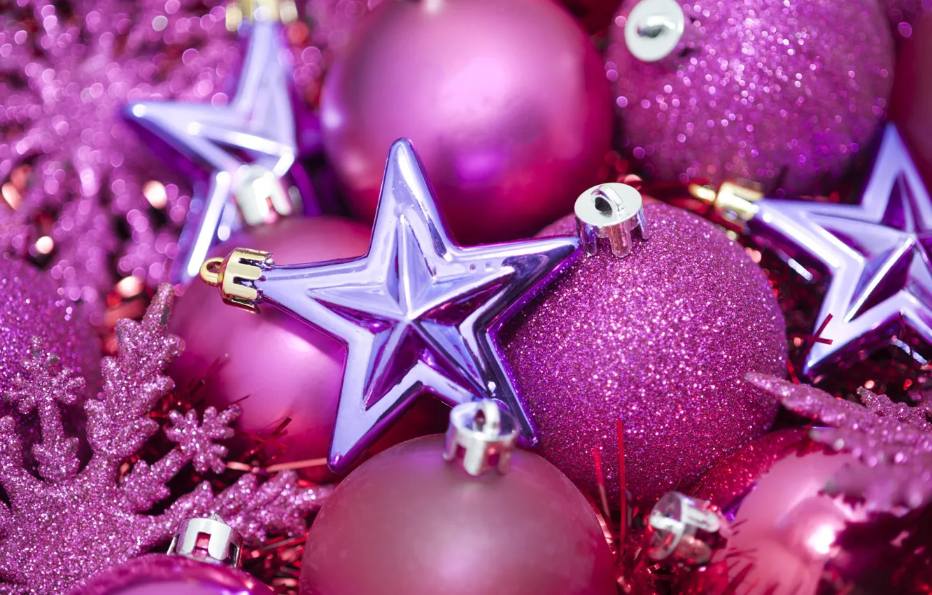 Фото обои фиолетовый, звезды, шарики, снежинки, настроение, розовый, шары, новый год, звёзды, блестки, розовые, new year, happy, …
