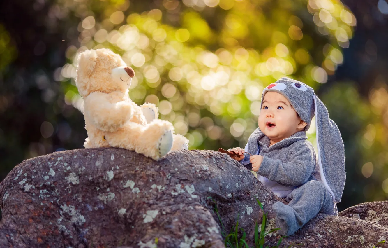 Фото обои природа, камни, игрушка, заяц, малыш, мишка, костюм, ребёнок, боке, Derek Zhang