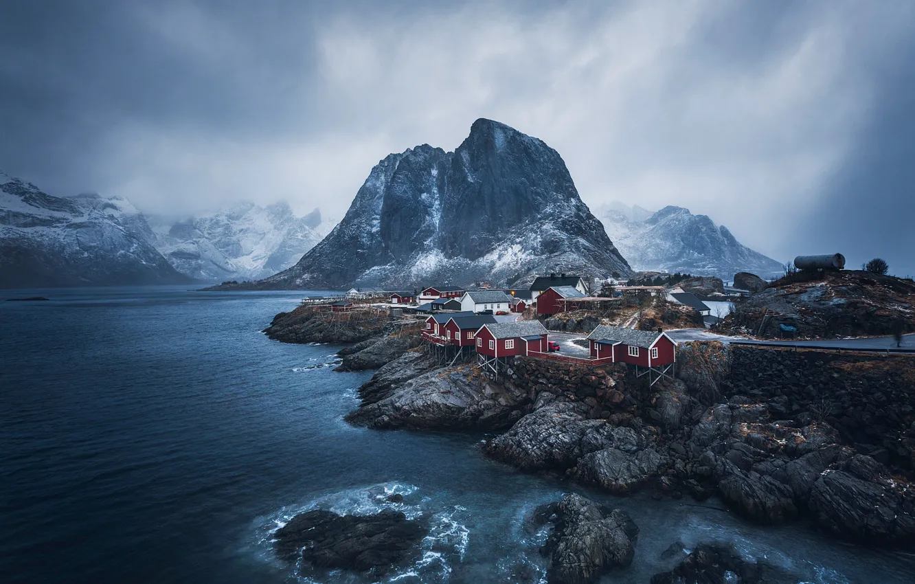 Фото обои горы, скалы, Норвегия, поселок, фьорд, Лофотенские острова