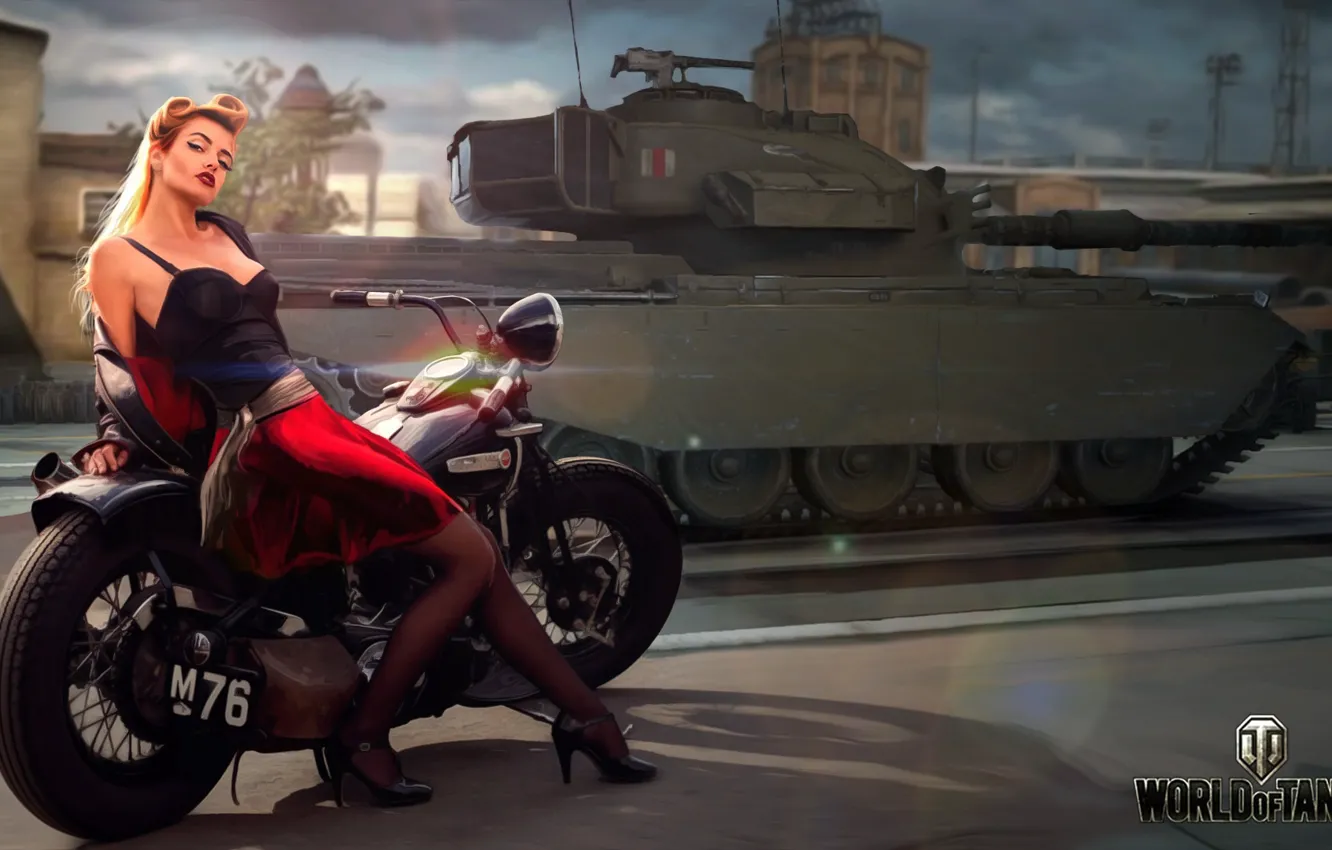 Фото обои дорога, девушка, город, рисунок, арт, мотоцикл, танк, байк, британский, средний, World of Tanks, Nikita Bolyakov, …