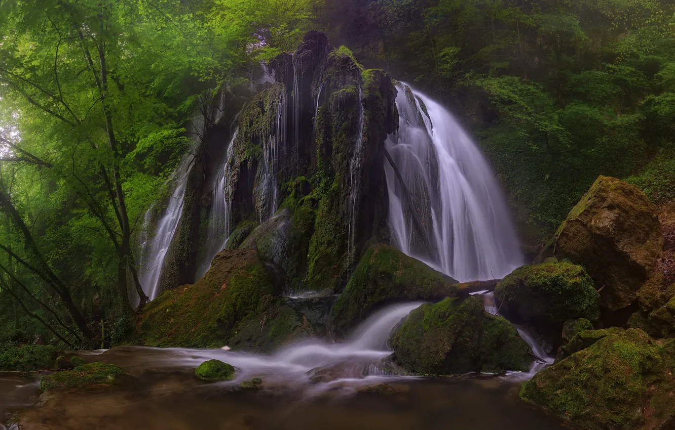 Фото обои лес, скала, река, водопад, Испания, каскад