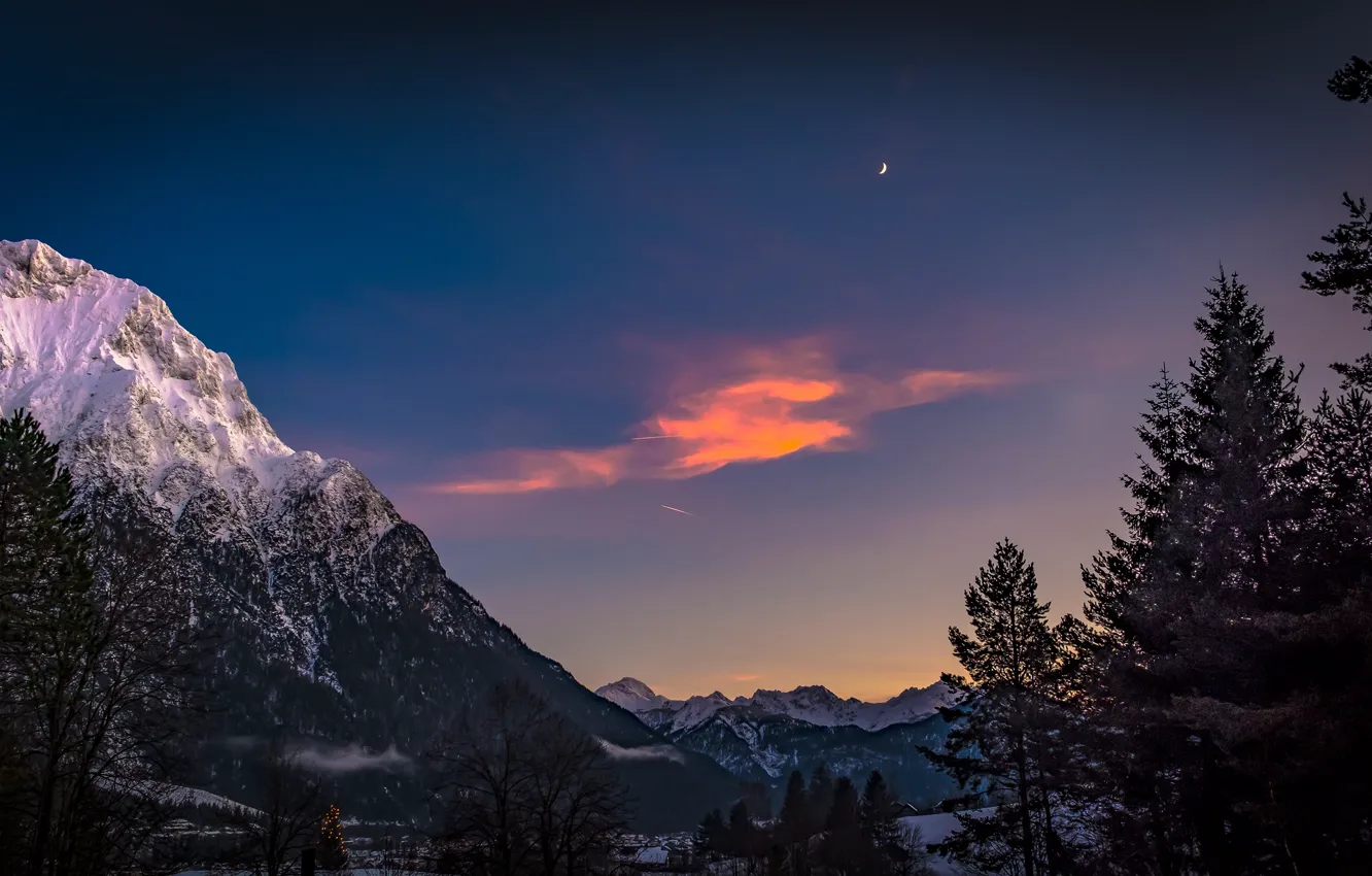 Фото обои небо, деревья, горы, Германия, Бавария, Альпы, Germany, Bavaria, Alps, Карвендель, Karwendel, Миттенвальд, Mittenwald