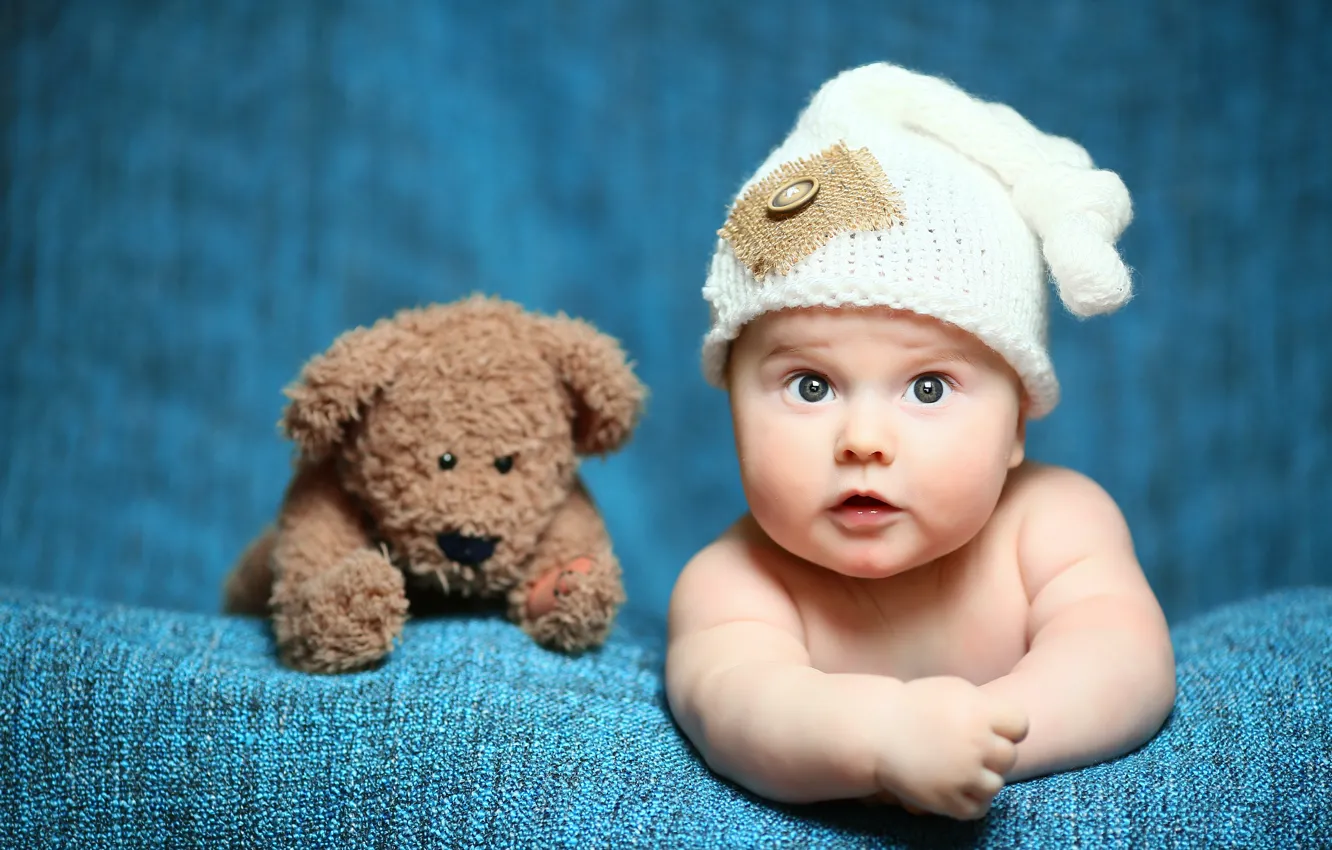 Фото обои игрушка, ребенок, мишка, Baby, bear, шапочка, младенец, teddy, Cu...