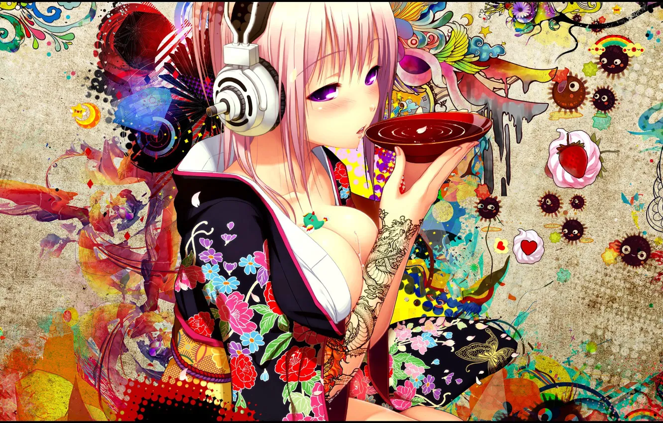 Фото обои Girl, Japan, Headphone, Colors, Kimono