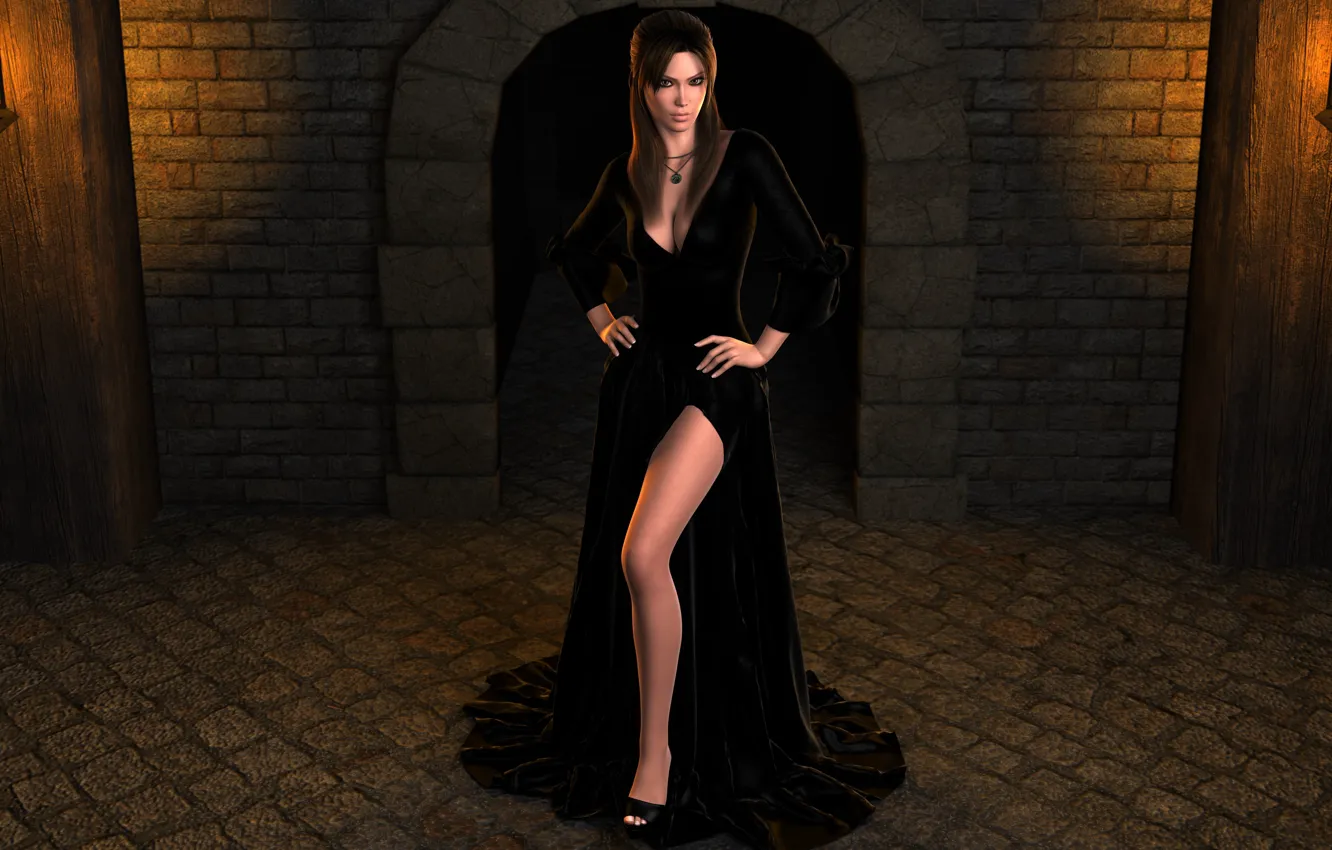 Фото обои взгляд, девушка, нога, чёрное платье