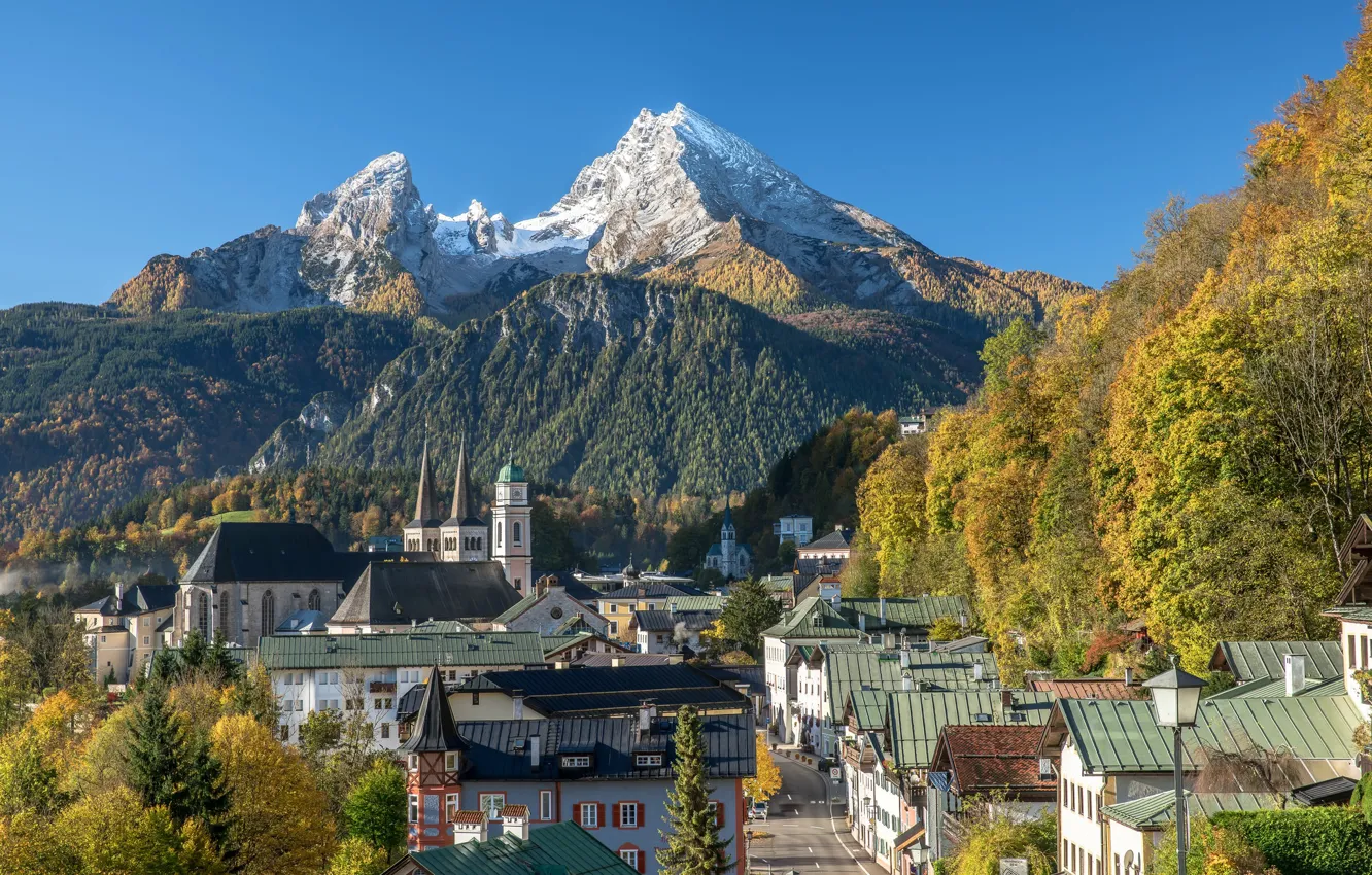 Фото обои осень, пейзаж, горы, улица, дома, Германия, Бавария, церковь, Бер...