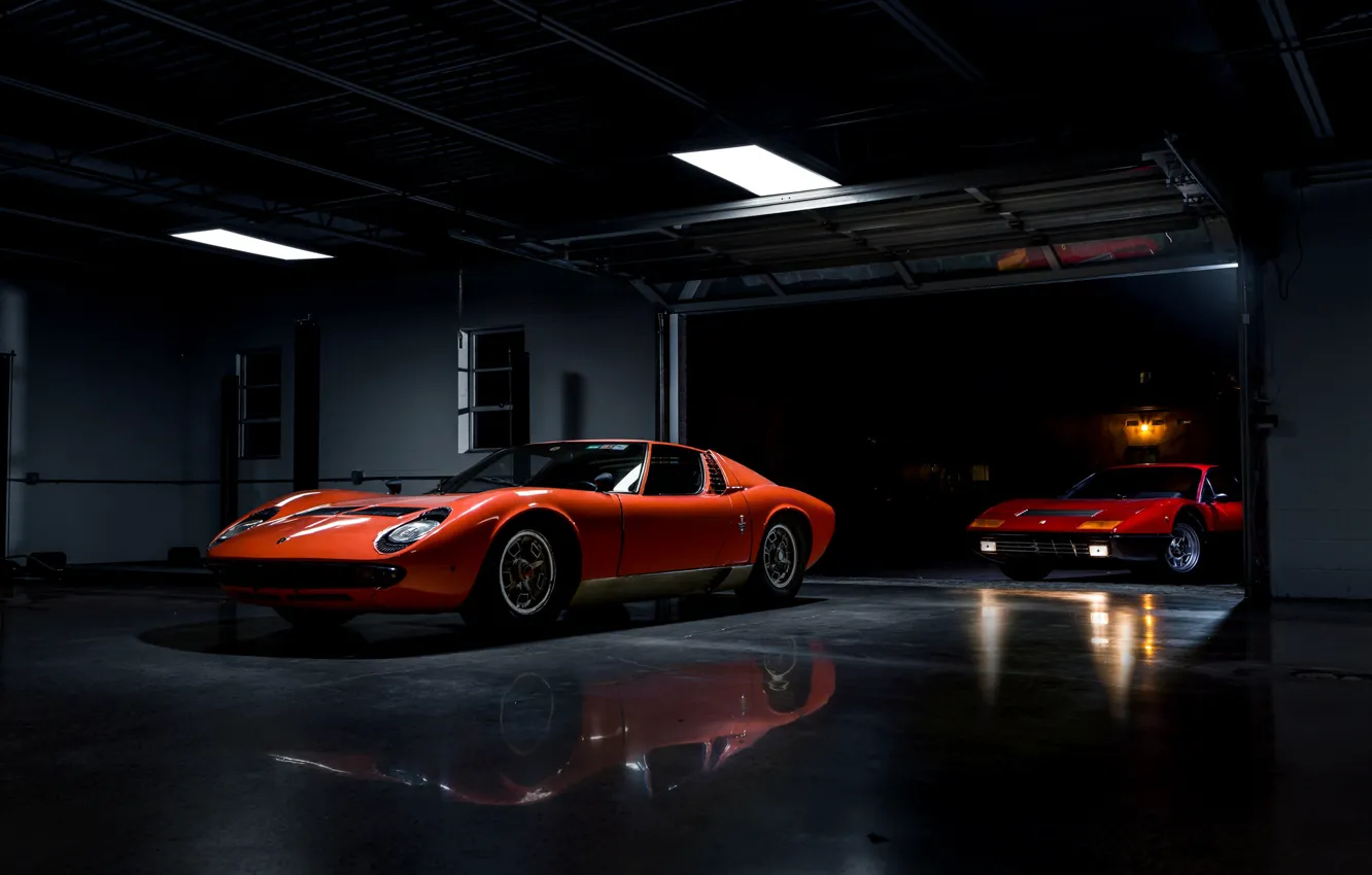 Фото обои ретро, Lamborghini Miura, Ferrari 365 BB