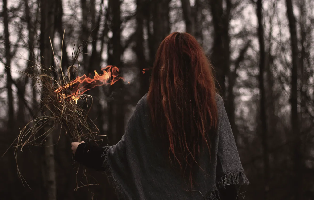 Фото обои трава, девушка, огонь, рыжая, длинные волосы, сухая, горит