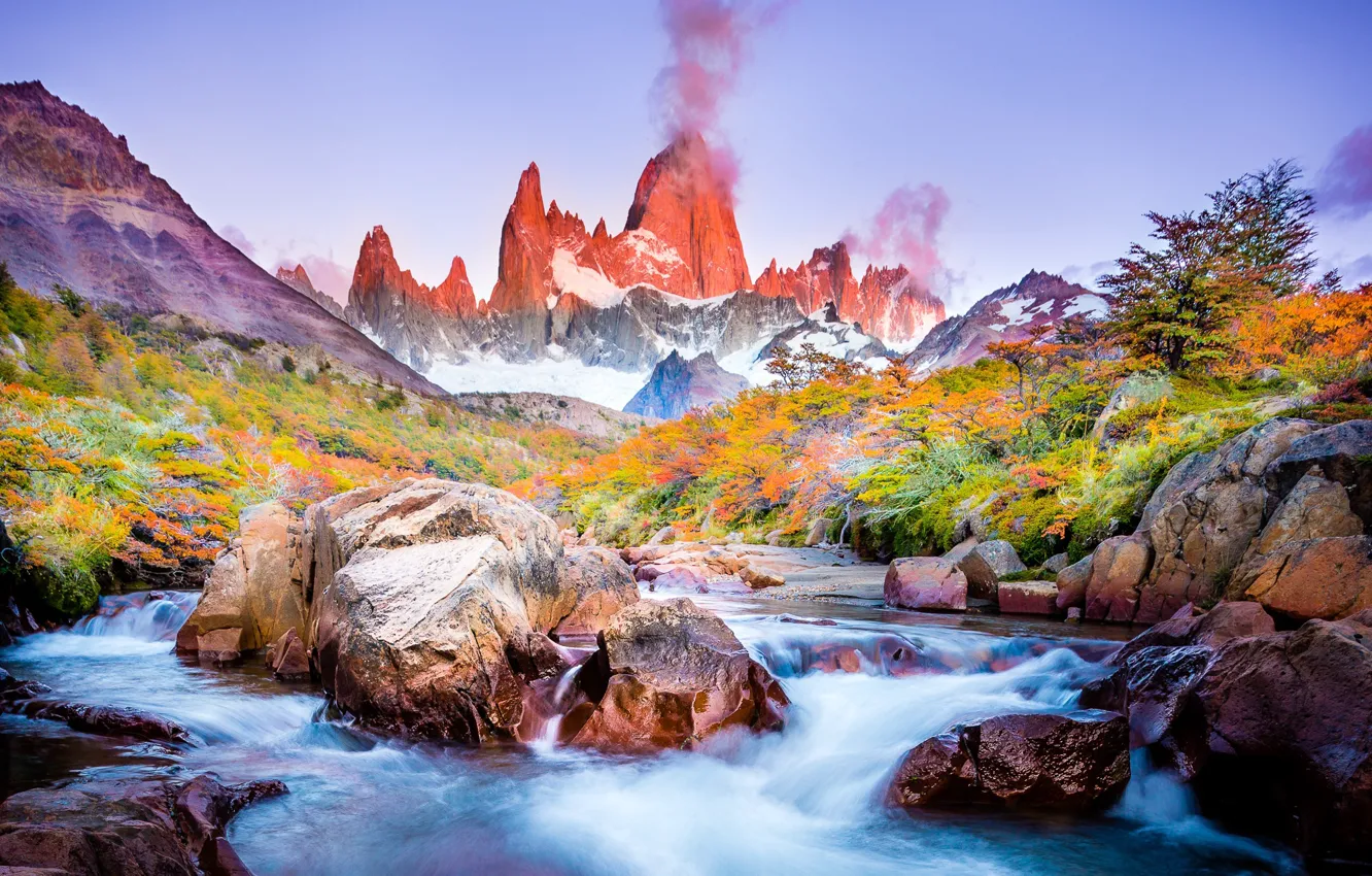 Фото обои осень, деревья, горы, река, камни, краски, поток, весна, Южная Америка