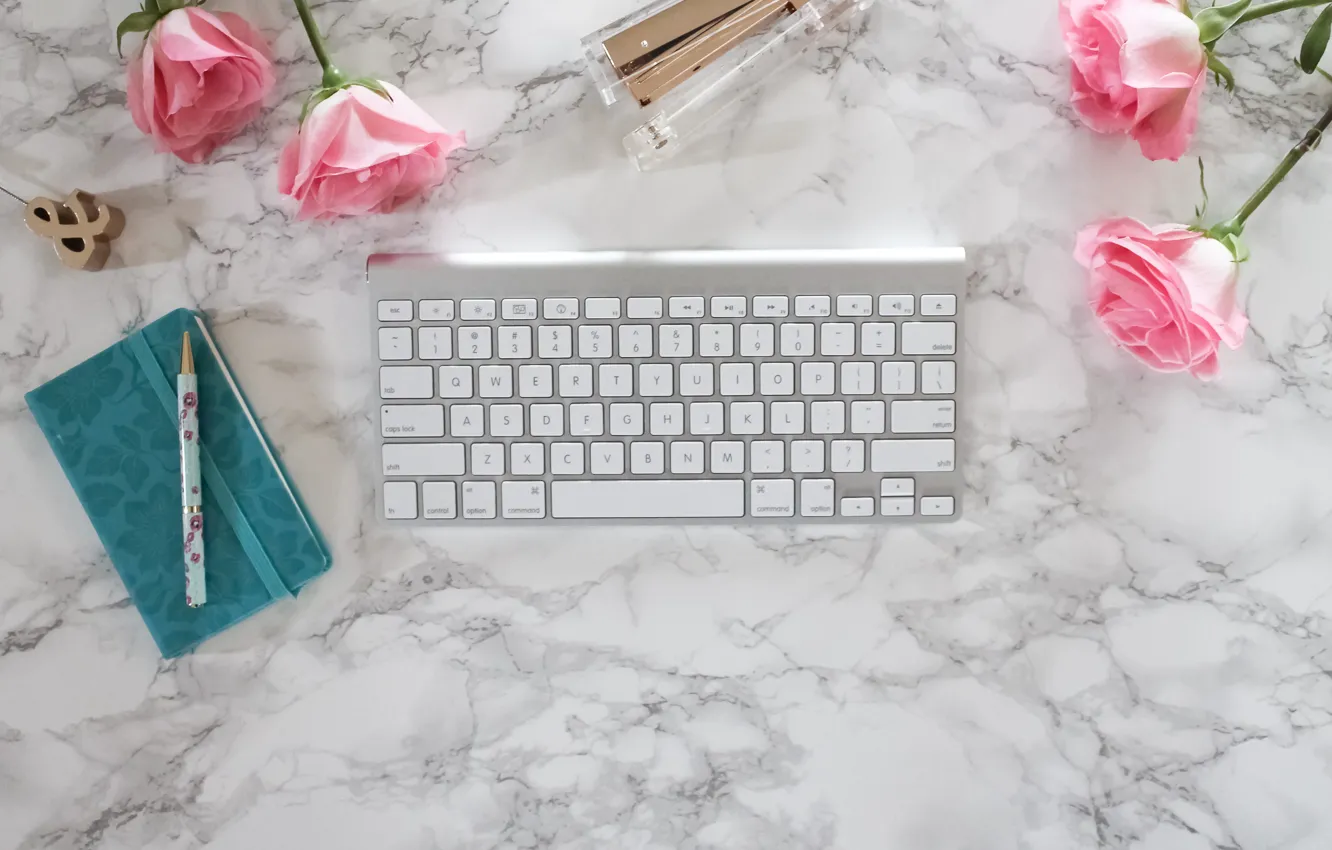 Фото обои розы, ручка, блокнот, pink, flowers, roses, keyboard, marble
