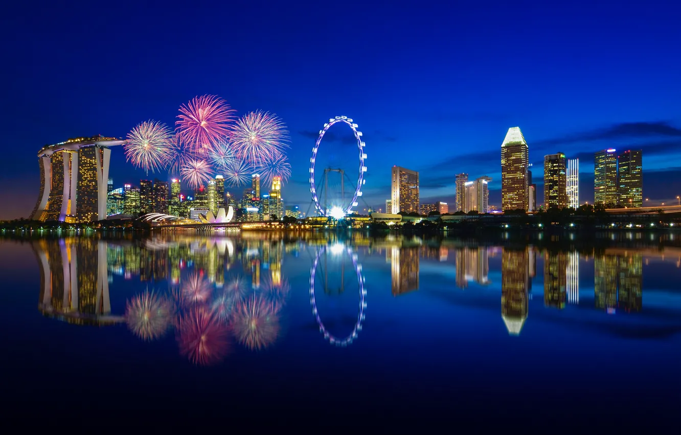 Фото обои ночь, огни, отражение, освещение, залив, Сингапур, ночной город, Город-государство