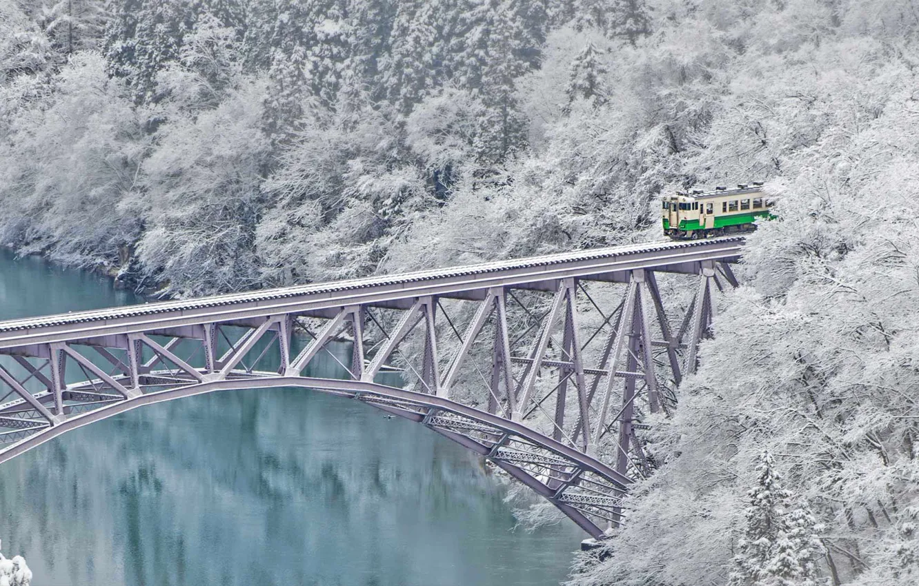 Фото обои зима, снег, деревья, мост, поезд, Япония, Тадами. 