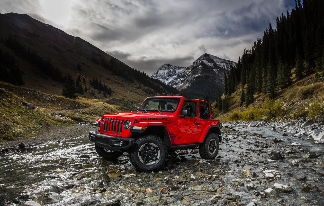 Фото обои пейзаж, горы, красный, река, 2018, Jeep, Wrangler Rubicon