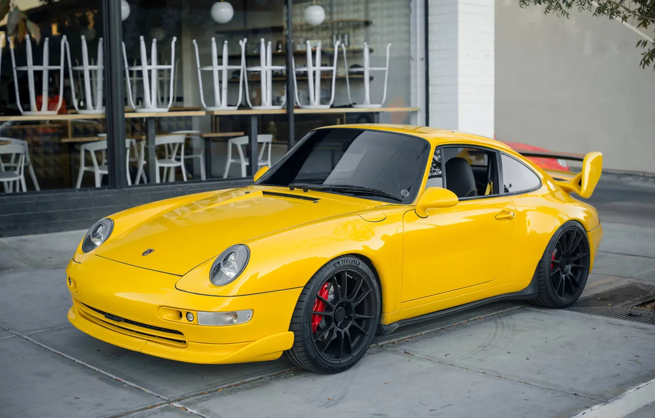Фото обои желтый, Porsche, передок
