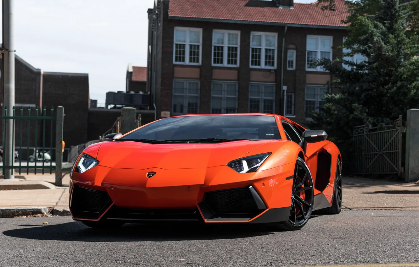 Фото обои Lamborghini, House, Orange, Street, Aventador