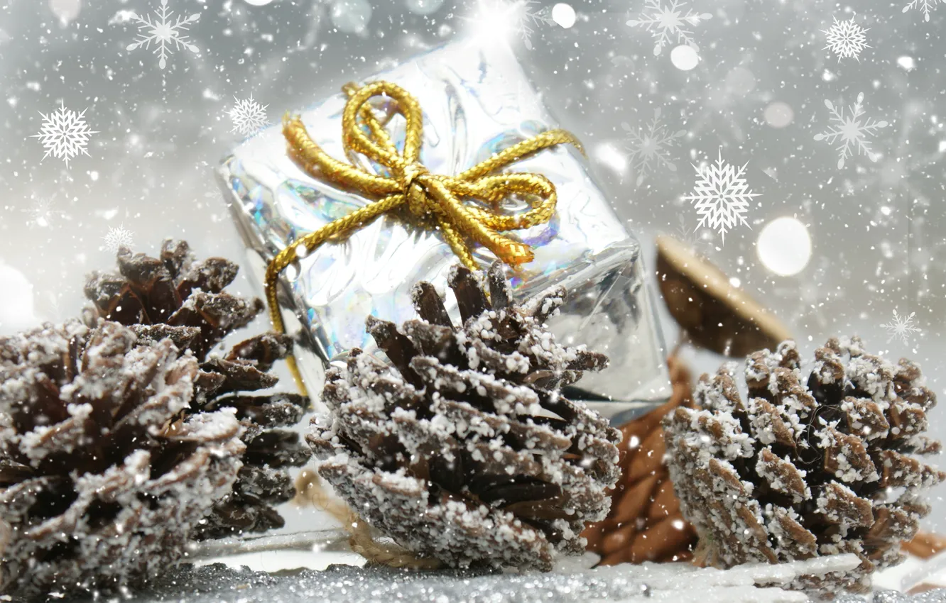 Фото обои подарок, Новый Год, Рождество, шишки, merry christmas, decoration, xmas, holiday celebration