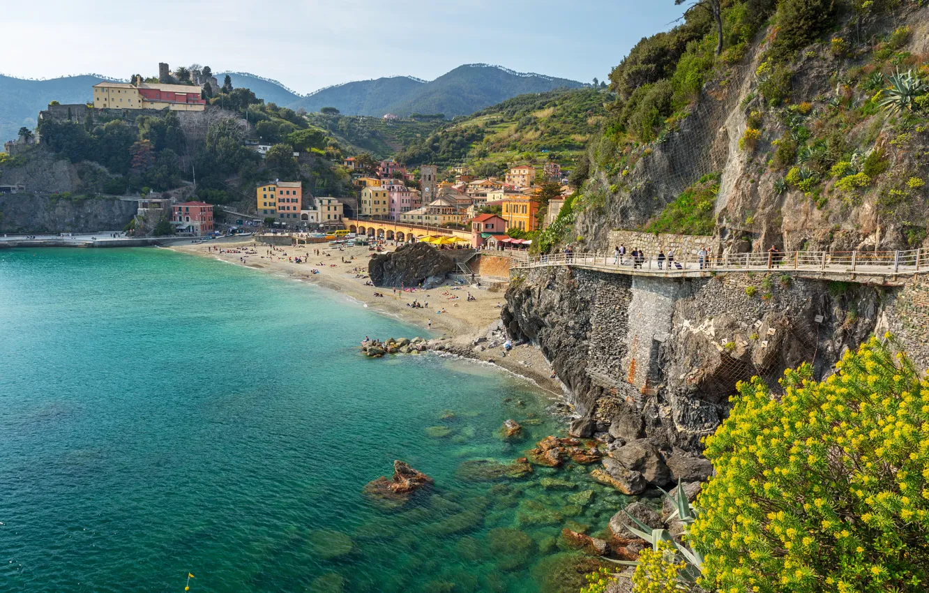 Фото обои море, пляж, скалы, берег, Италия, landscape, Italy, travel, Monterosso al Mare, Liguria