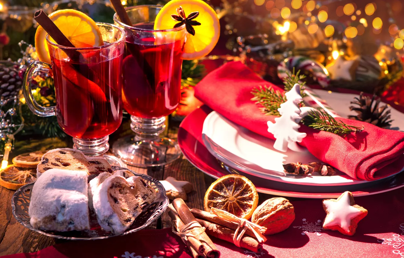 Фото обои Новый Год, Рождество, wine, orange, merry christmas, punch, tea, decoration, сервировка, глинтвейн