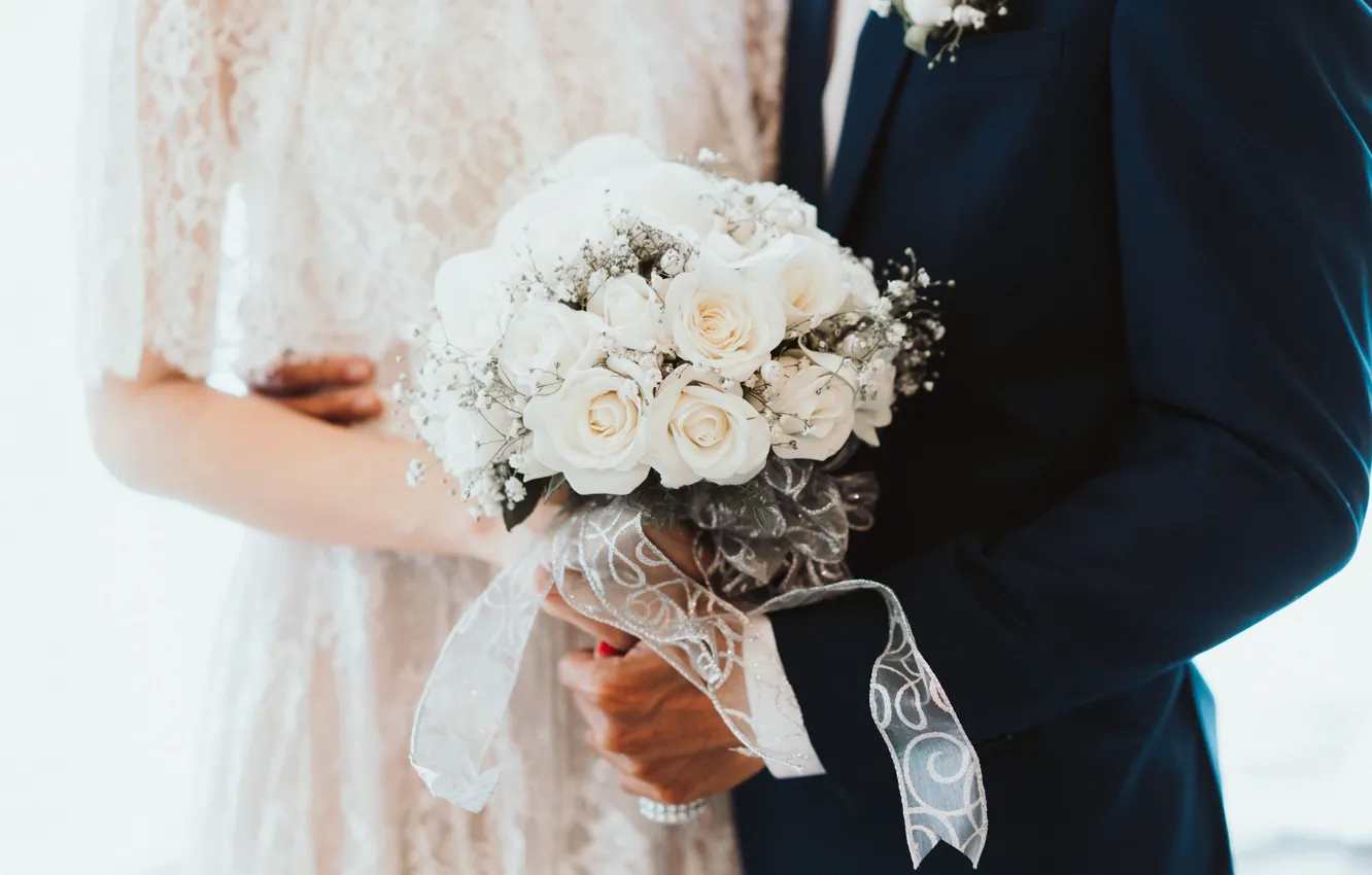 Фото обои цветы, розы, букет, белые, невеста, жених, свадебный