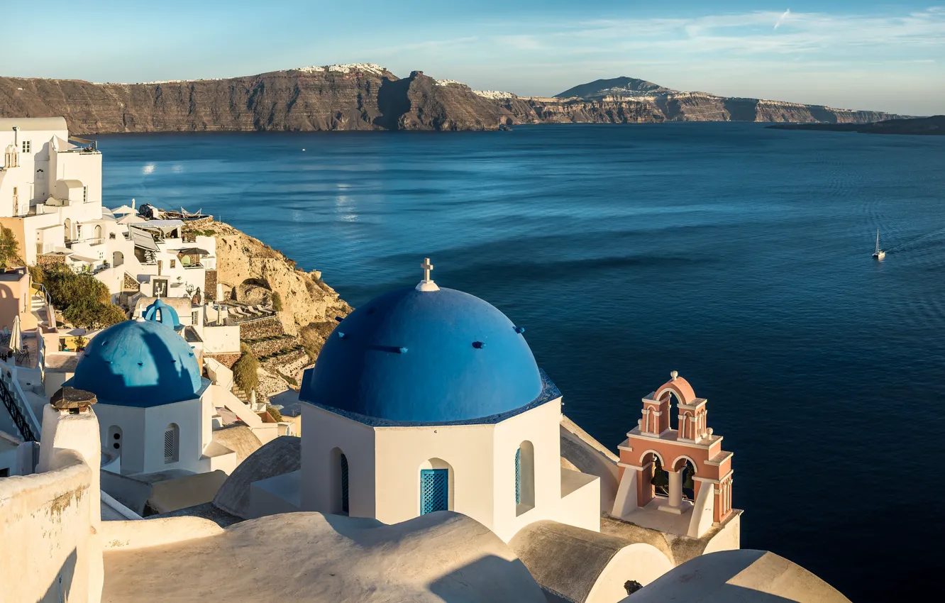Фото обои море, горы, побережье, церковь, Santorini, Oia, Greece, Aegean