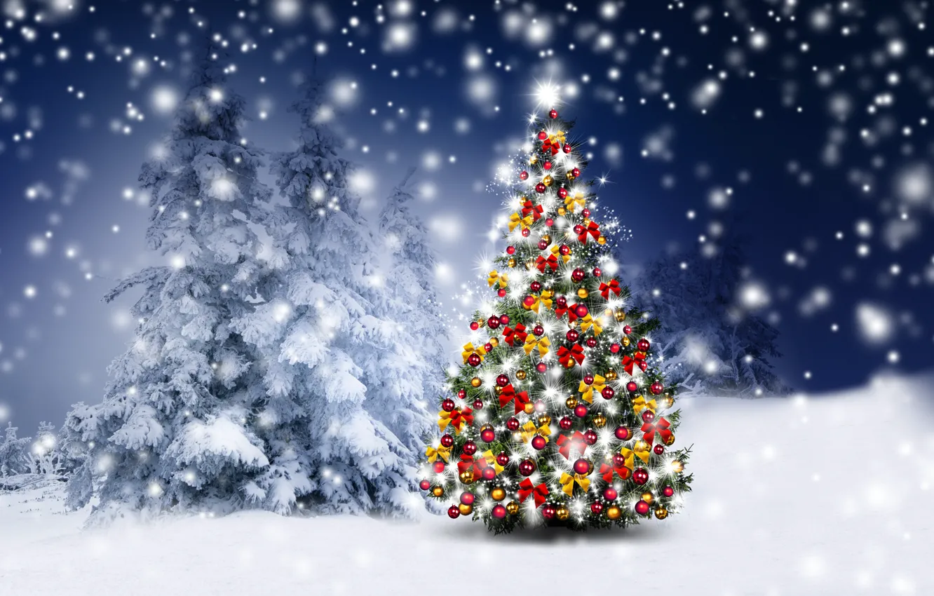 Фото обои зима, снег, украшения, снежинки, шары, елки, Новый Год, Рождество, happy, Christmas, night, winter, snow, Merry …