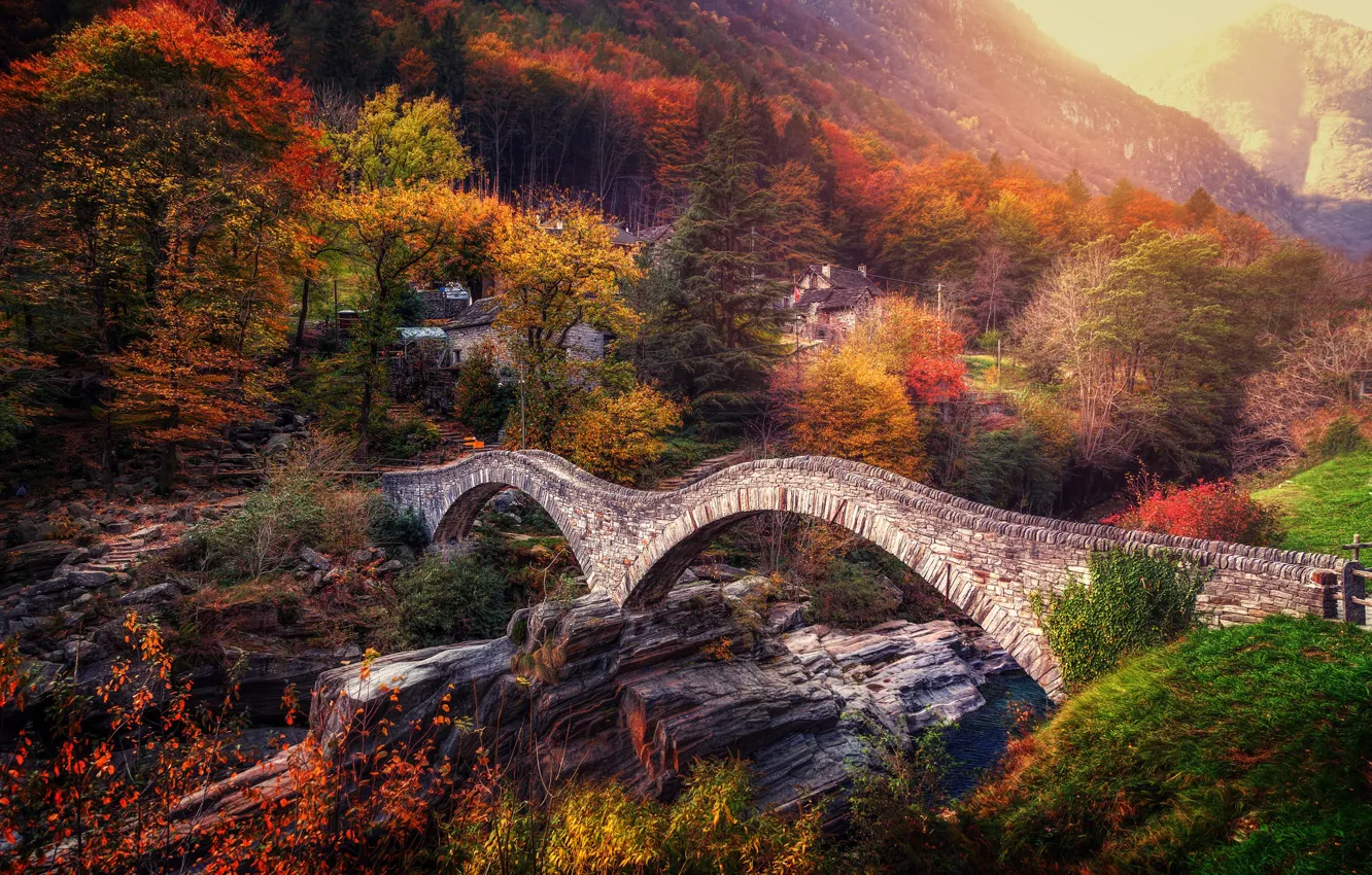 Фото обои осень, деревья, мост, Швейцария, Альпы, Switzerland, Alps, Ticino, Тичино, Lavertezzo, Ponte dei Salti, Verzasca River, …