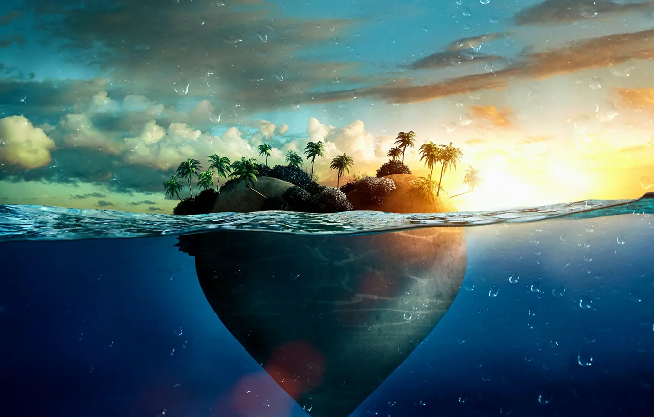 Фото обои море, вода, капли, пальмы, сердце, остров