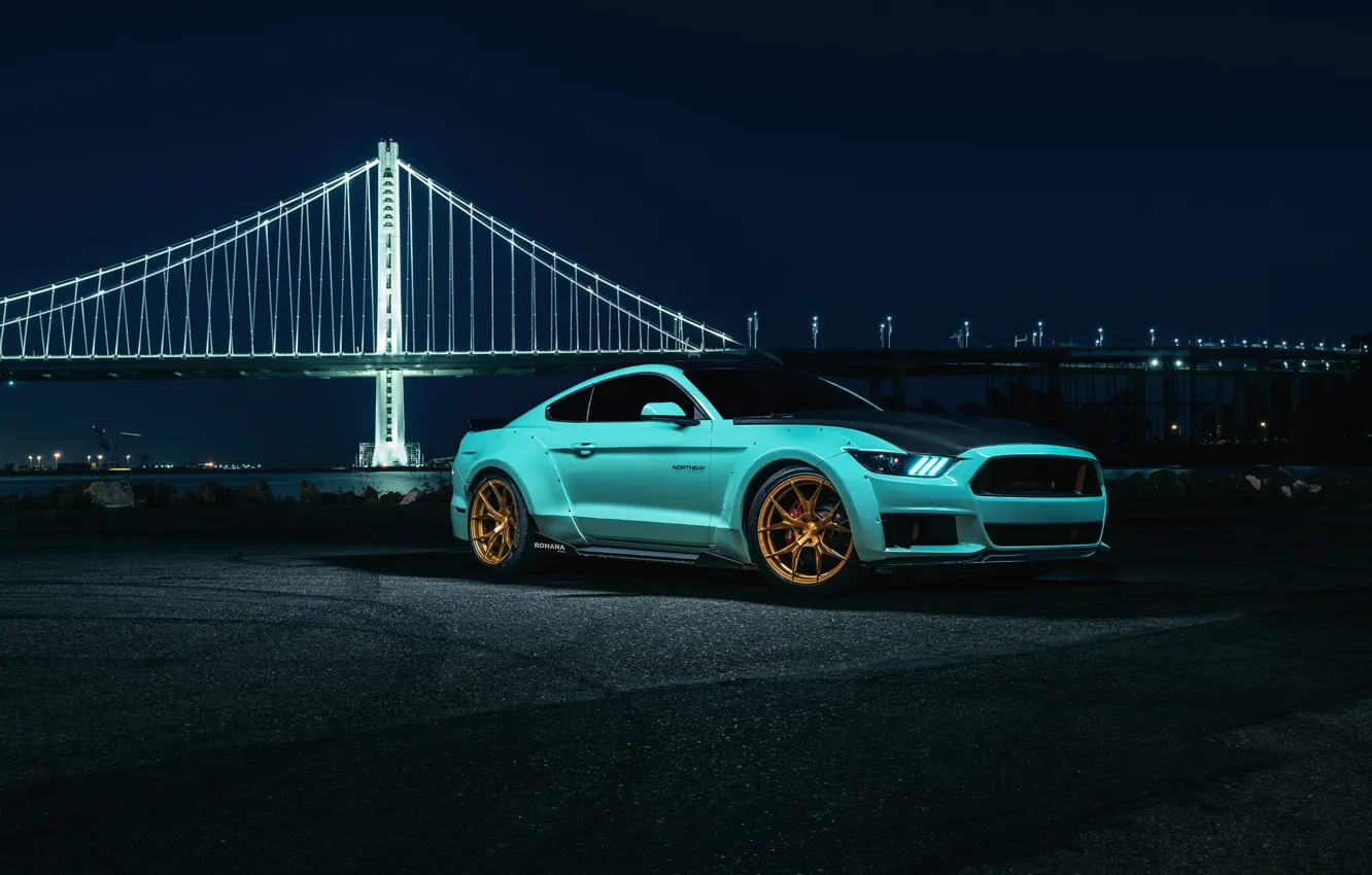 Фото обои Mustang, Ford, Blue, Bridge, Night, Wheels, Rohana