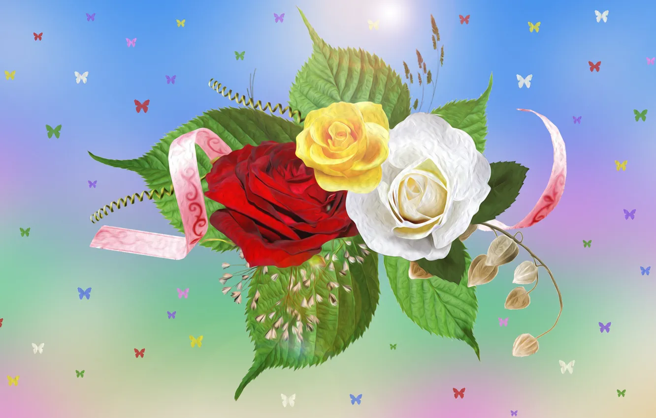 Фото обои grafika, Kwiaty, róże, motylki