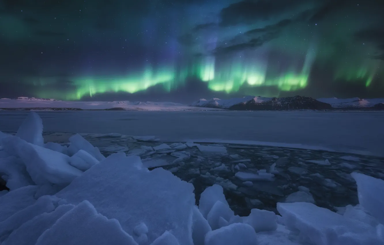 Фото обои зима, небо, снег, ночь, лёд, северное сияние, Норвегия, фьорд