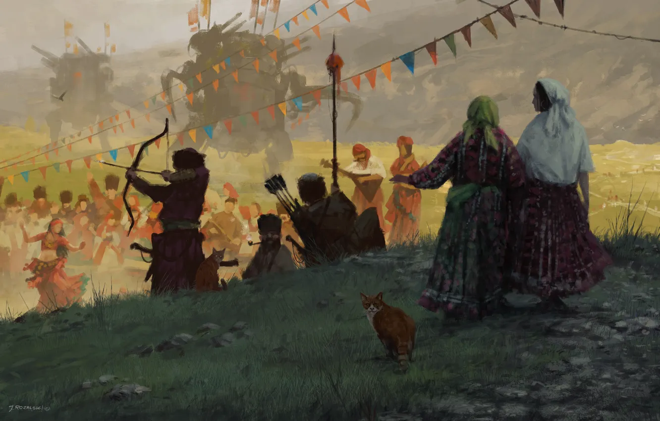 Фото обои game, neko, cat, machine, fog, bow, arrow, Scythe, peasants. 