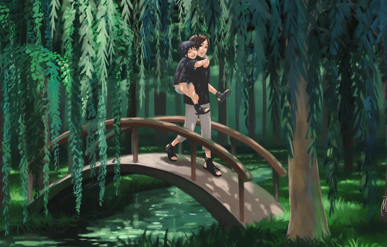 Фото обои лес, мост, река, братья, naruto, Itachi Uchiha, Sasuke Uchiha, by blackmarlb0r0