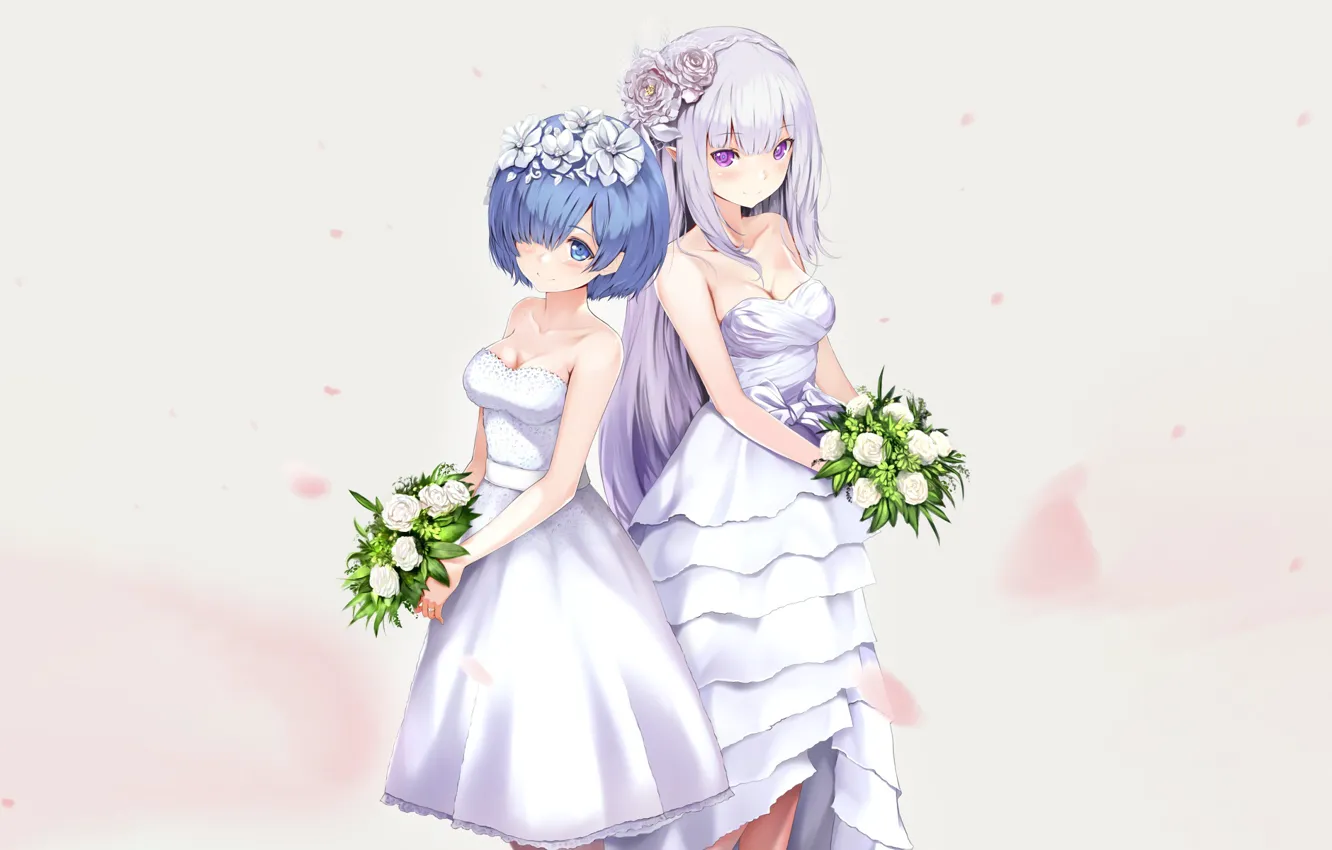 Фото обои цветы, девушки, свадьба, невесты, С нуля, Re: Zero Kara Hajimeru Isekai Seikatsu