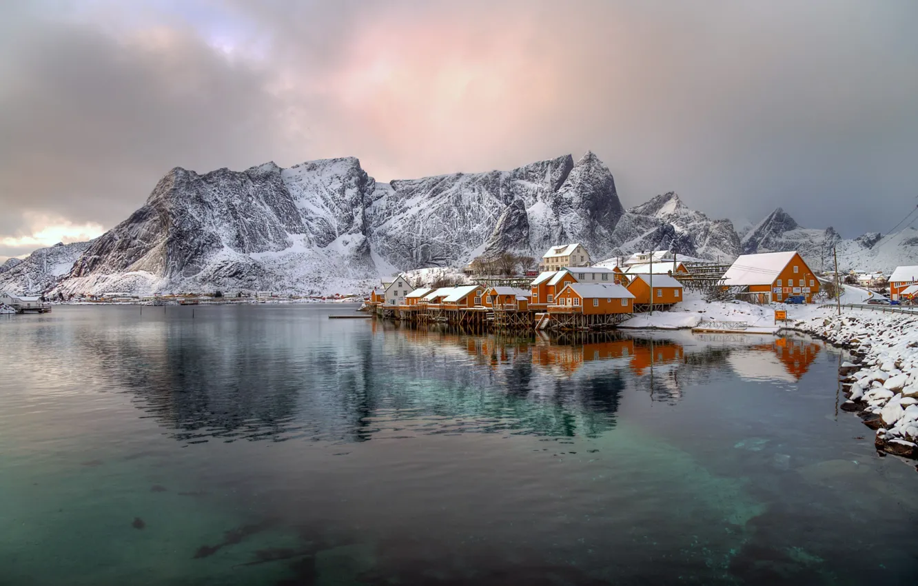 Фото обои зима, горы, дома, Норвегия, поселок, фьорд, Лофотенские острова