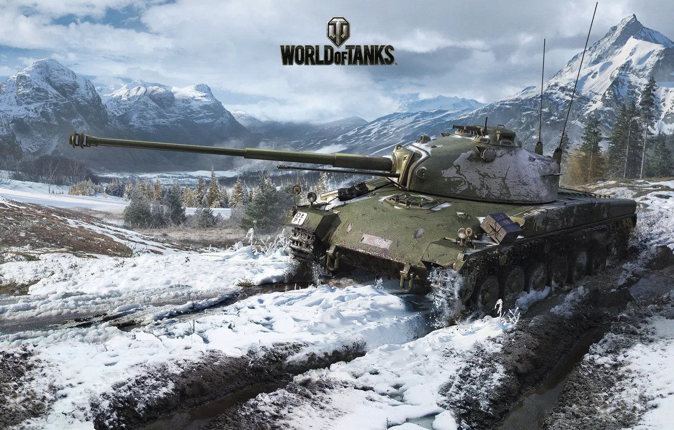 Фото обои снег, горы, танк, колея, World of Tanks