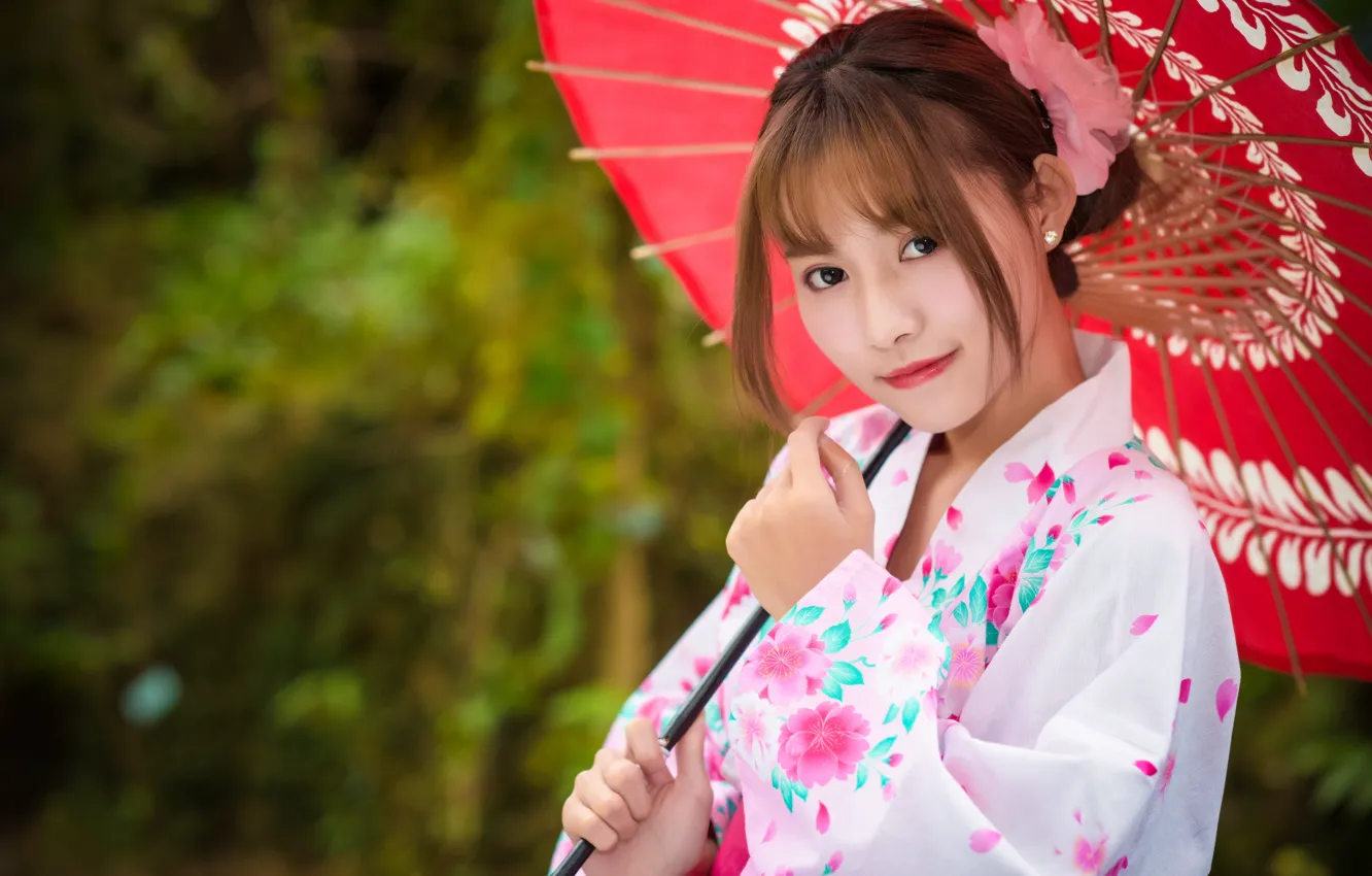 Фото обои взгляд, девушка, зонтик, азиатка