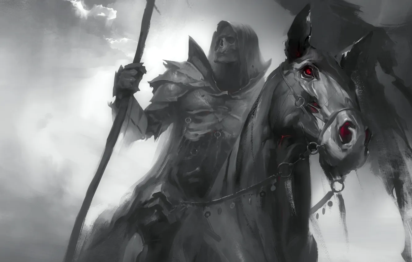 Фото обои страх, Смерть, красные глаза, всадник Апокалипсиса, черная лошадь, черный рыцарь, саван, Dark Soul