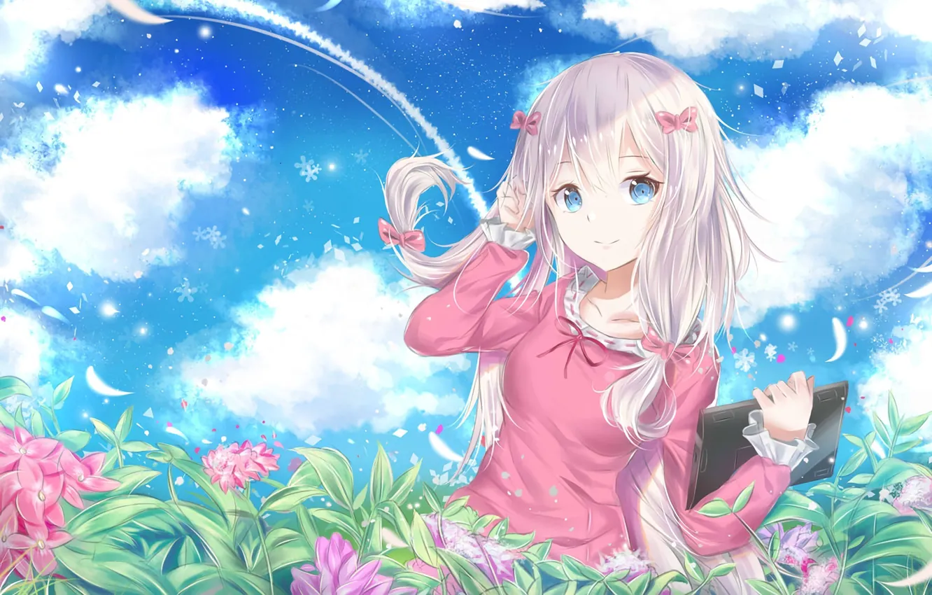 Фото обои небо, девушка, цветы, аниме, арт, EroManga-Sensei