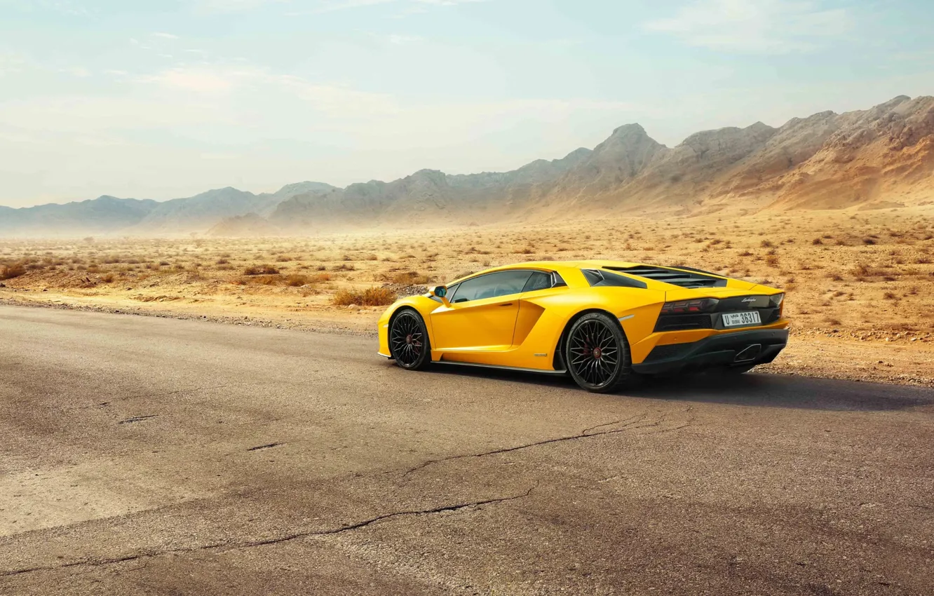 Фото обои Lamborghini, Dubai, Yellow, Supercar, Rear, Aventador S
