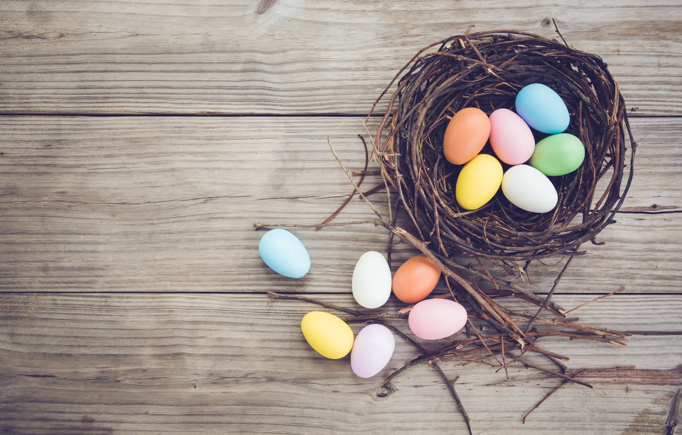 Фото обои корзина, яйца, весна, colorful, Пасха, wood, spring, Easter, eggs, decoration, Happy, tender