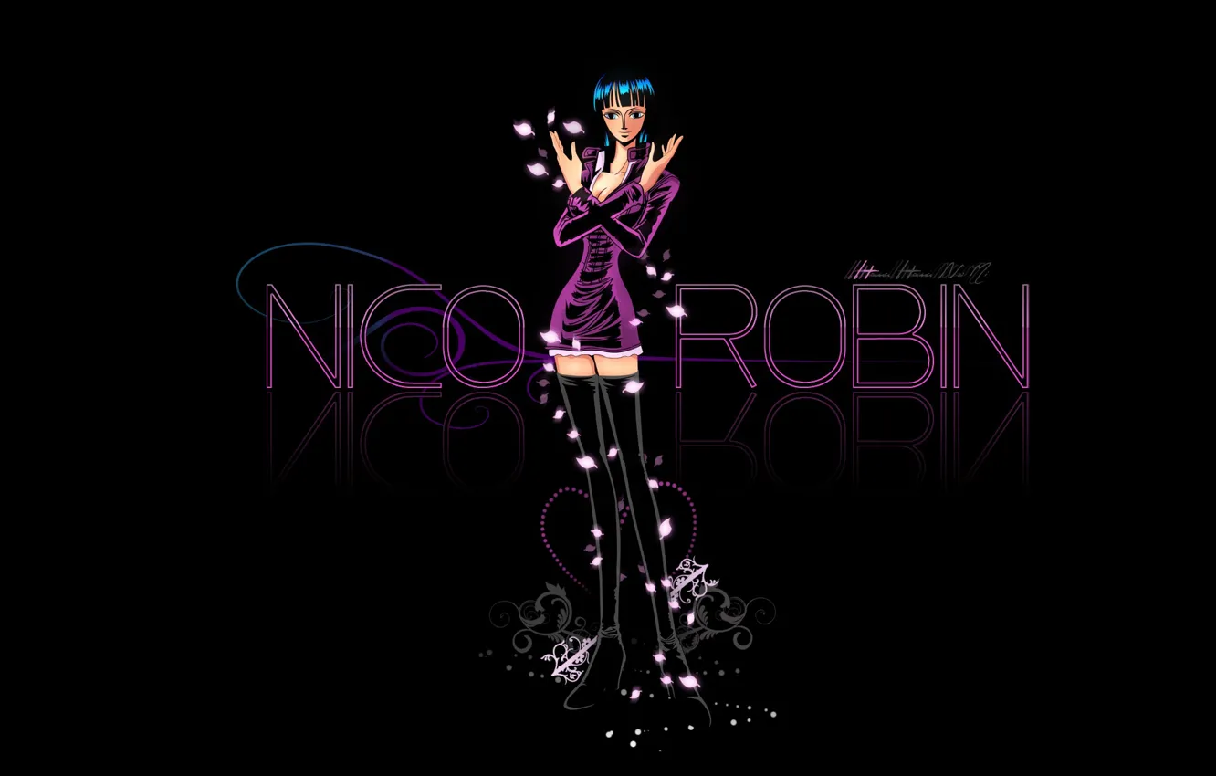 Фото обои One Piece, anime, black background, manga, anime girl, Nico Robin. 