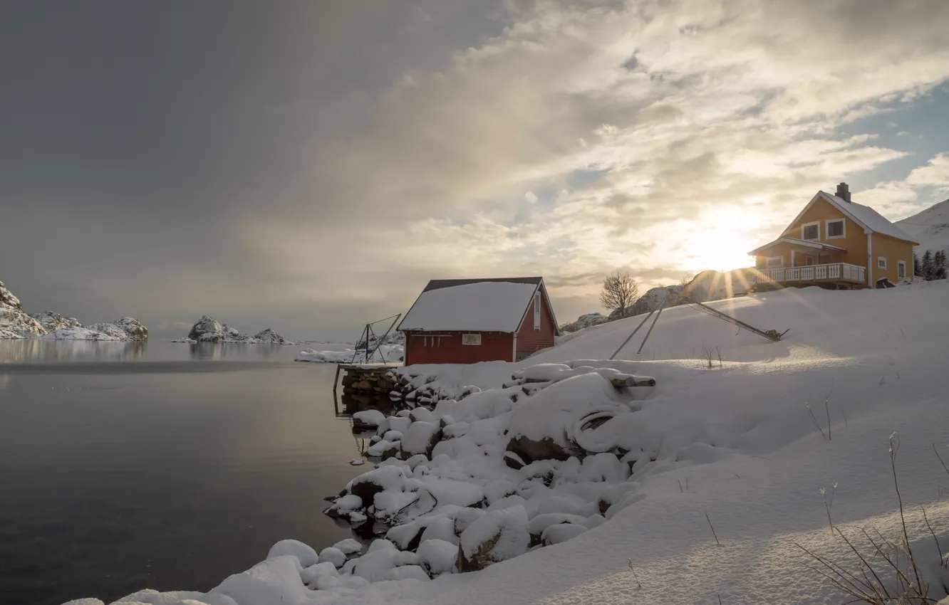 Фото обои зима, снег, деревня, Норвегия, Norway, фьорд, Лофотенские острова, Lofoten Islands, Holand, Nordland