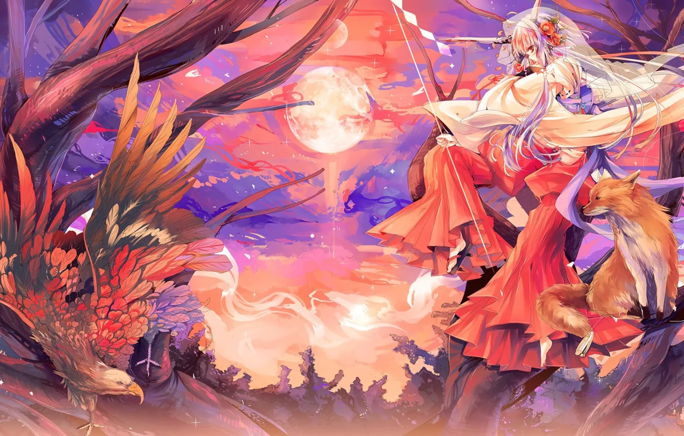 Фото обои орел, крылья, рога, полнолуние, жрица, на дереве, японская одежда, лисица, оперение, kitsune