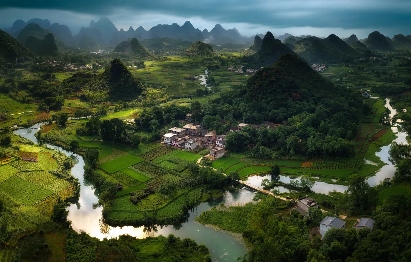 Фото обои горы, река, холмы, Китай
