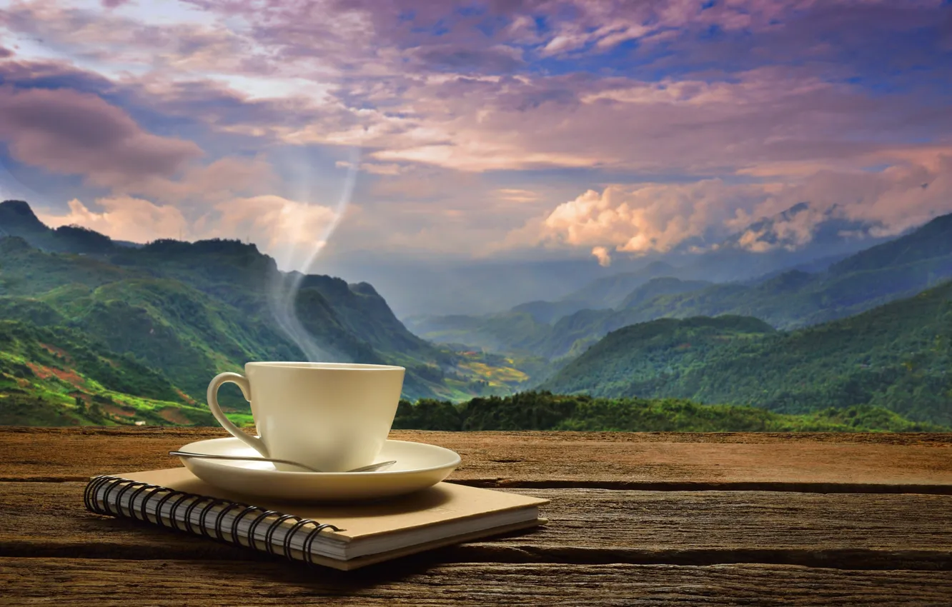 Фото обои рассвет, кофе, утро, чашка, hot, coffee cup, good morning. 