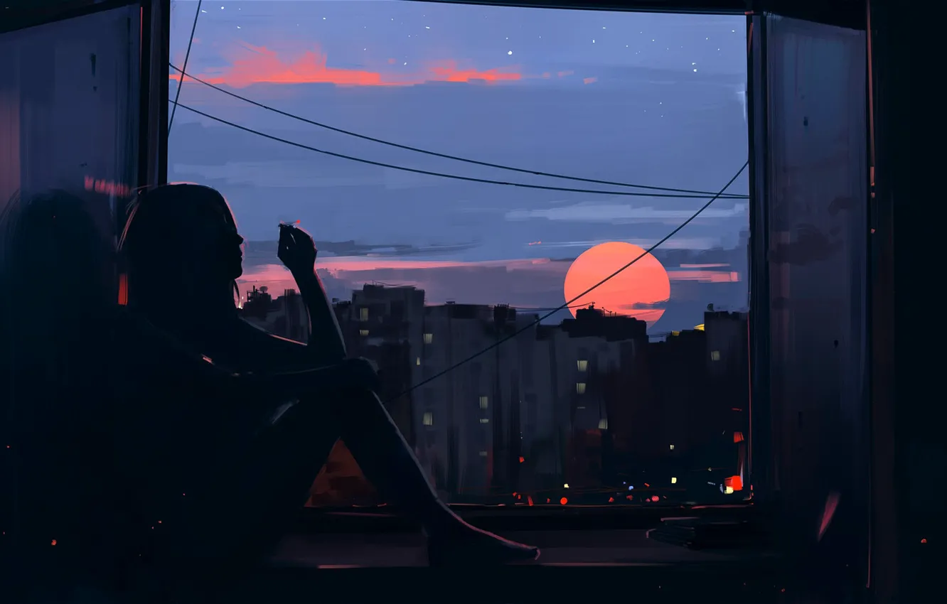 Фото обои city, dark, girl, twilight, smoking, sunset, barefoot, evening, sun, mood, window, cigarette, artist, digital art, …