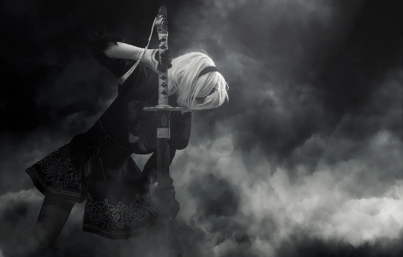 Фото обои девушка, оружие, дым, косплей, NieR: Automata, YoRHa №2